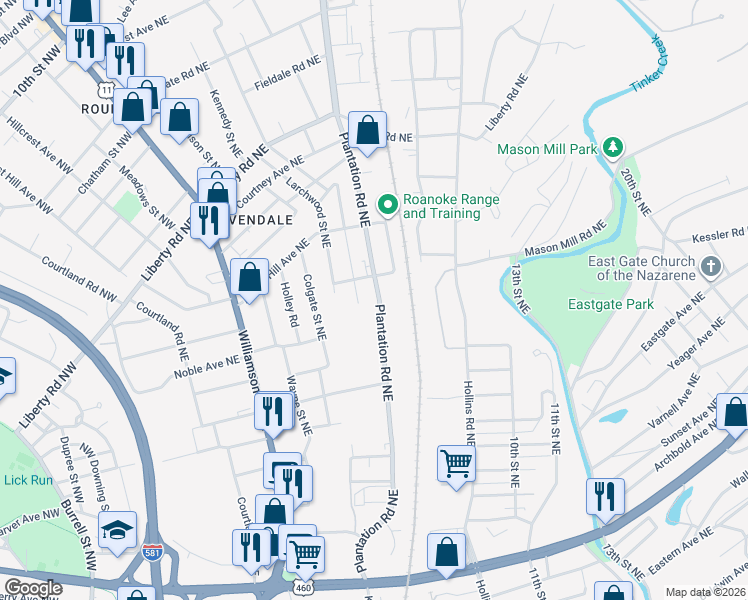 map of restaurants, bars, coffee shops, grocery stores, and more near 1924 Plantation Road Northeast in Roanoke