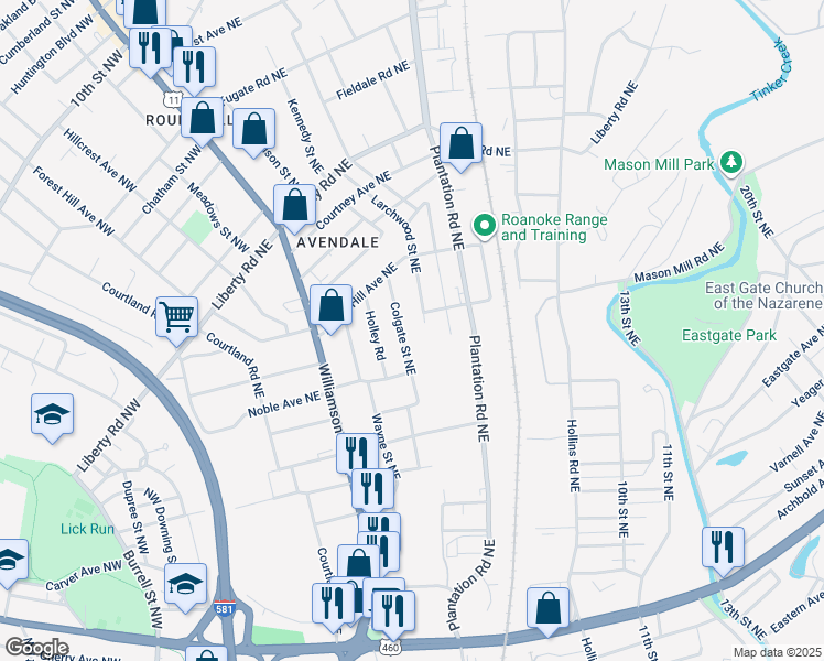 map of restaurants, bars, coffee shops, grocery stores, and more near 2022 Colgate Street Northeast in Roanoke