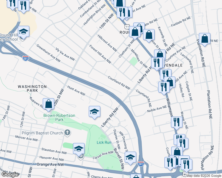 map of restaurants, bars, coffee shops, grocery stores, and more near US Highway 220 in Roanoke
