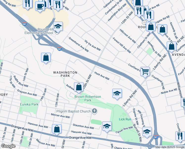 map of restaurants, bars, coffee shops, grocery stores, and more near 1837 10th Street Northwest in Roanoke