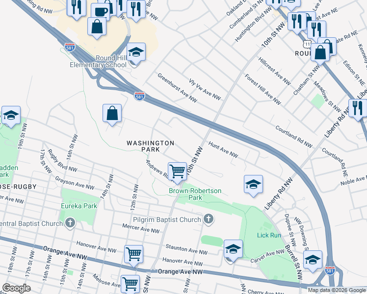map of restaurants, bars, coffee shops, grocery stores, and more near 1022 Rockland Avenue Northwest in Roanoke