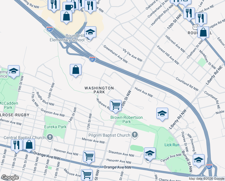 map of restaurants, bars, coffee shops, grocery stores, and more near 1056 Alview Avenue Northwest in Roanoke