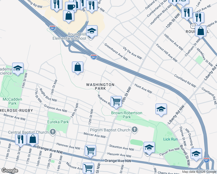 map of restaurants, bars, coffee shops, grocery stores, and more near 1056 Alview Avenue Northwest in Roanoke