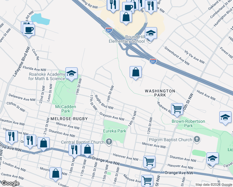 map of restaurants, bars, coffee shops, grocery stores, and more near 1527-1531 Syracuse Avenue Northwest in Roanoke