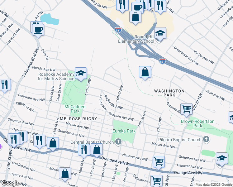 map of restaurants, bars, coffee shops, grocery stores, and more near 1606 Syracuse Ave NW in Roanoke