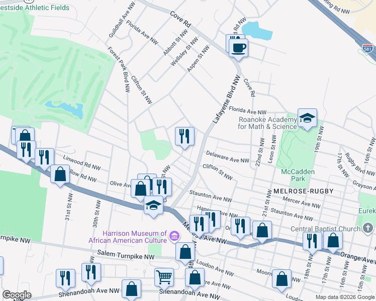 map of restaurants, bars, coffee shops, grocery stores, and more near 2628 Clifton Street Northwest in Roanoke