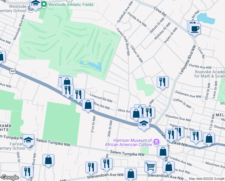 map of restaurants, bars, coffee shops, grocery stores, and more near 3028 Lorraine Road Northwest in Roanoke
