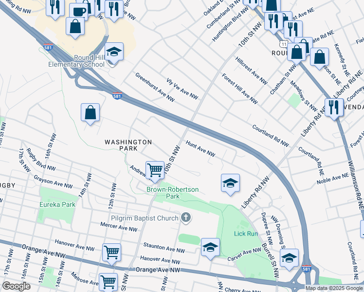 map of restaurants, bars, coffee shops, grocery stores, and more near 1837 10th Street Northwest in Roanoke