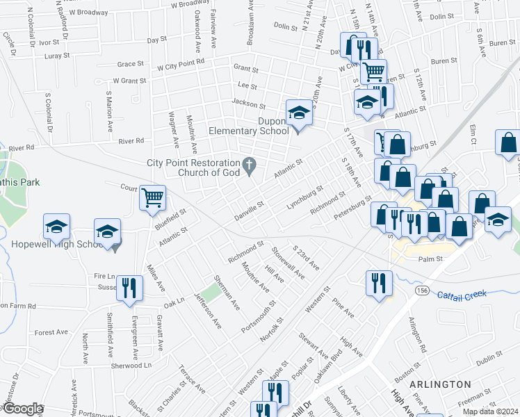 map of restaurants, bars, coffee shops, grocery stores, and more near 2308 Danville Street in Hopewell