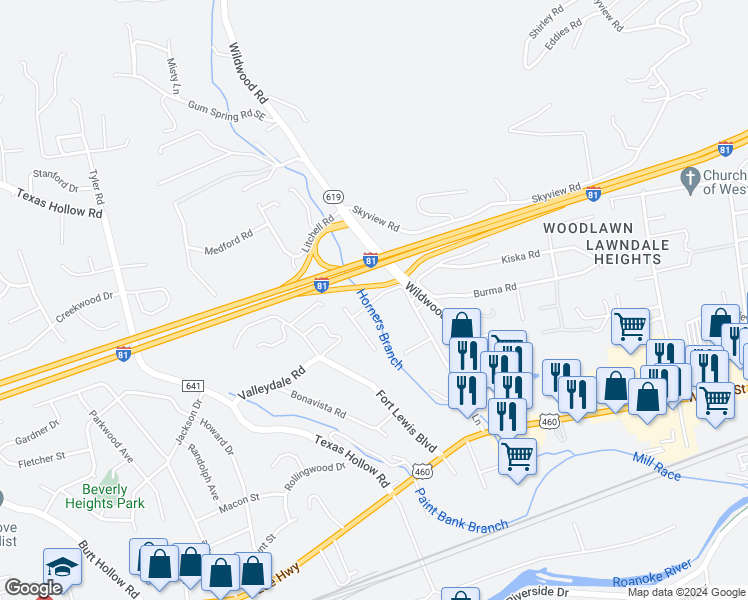 map of restaurants, bars, coffee shops, grocery stores, and more near 2122 Windsor Avenue in Salem