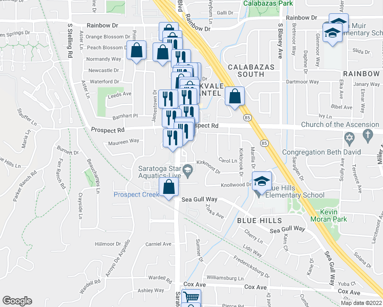 map of restaurants, bars, coffee shops, grocery stores, and more near 12159 Atrium Drive in Saratoga