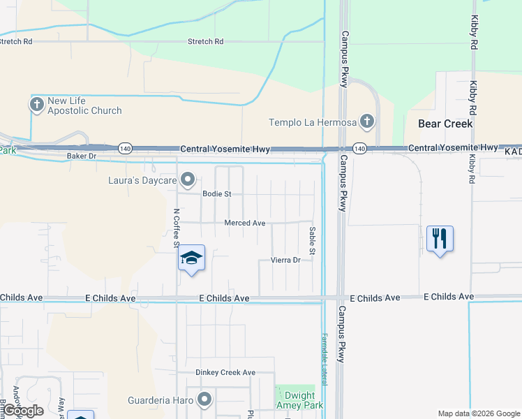 map of restaurants, bars, coffee shops, grocery stores, and more near 208 Ostrander Avenue in Merced