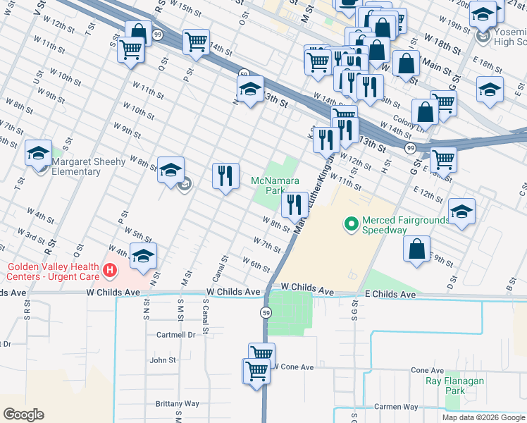 map of restaurants, bars, coffee shops, grocery stores, and more near 408 West 8th Street in Merced