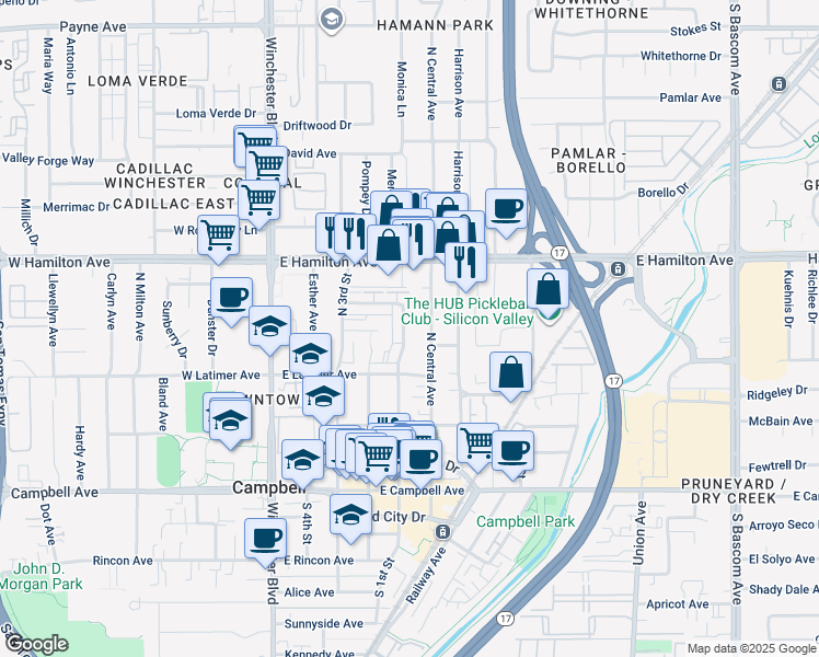 map of restaurants, bars, coffee shops, grocery stores, and more near 350 North 1st Street in Campbell
