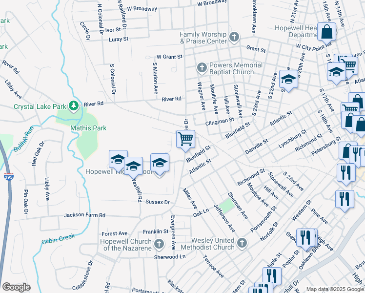 map of restaurants, bars, coffee shops, grocery stores, and more near 310 South Mesa Drive in Hopewell