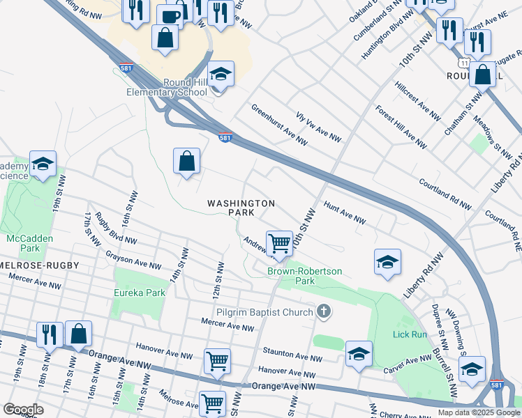 map of restaurants, bars, coffee shops, grocery stores, and more near 1712 11th Street Northwest in Roanoke