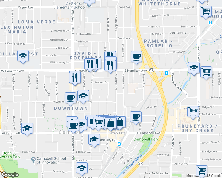 map of restaurants, bars, coffee shops, grocery stores, and more near 350 North 1st Street in Campbell