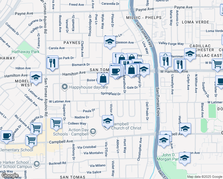 map of restaurants, bars, coffee shops, grocery stores, and more near 990 Gale Drive in Campbell