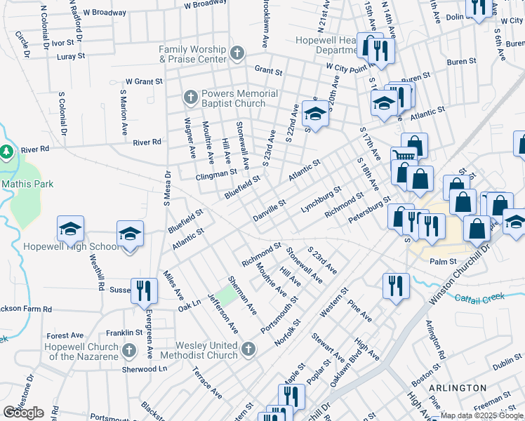 map of restaurants, bars, coffee shops, grocery stores, and more near 2401 Danville Street in Hopewell
