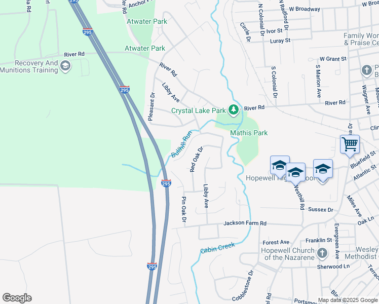 map of restaurants, bars, coffee shops, grocery stores, and more near 313 Bull Run Drive in Hopewell