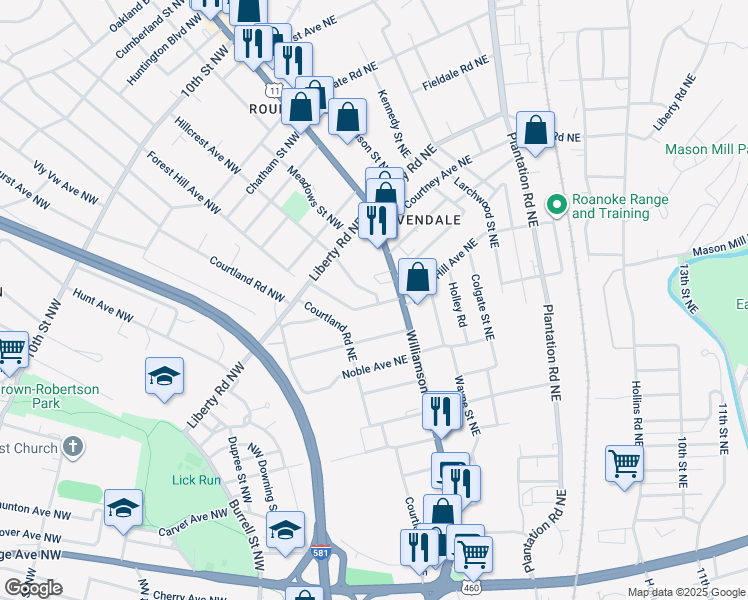 map of restaurants, bars, coffee shops, grocery stores, and more near 74 Forest Hill Avenue Northeast in Roanoke