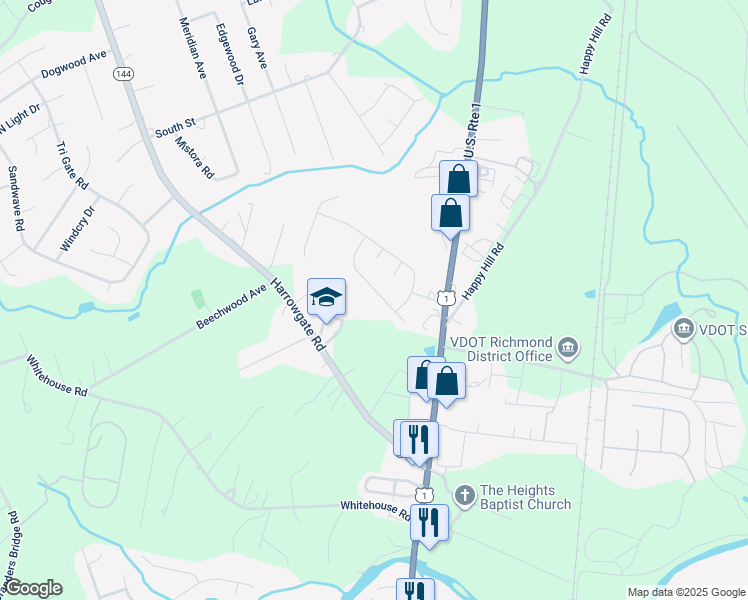 map of restaurants, bars, coffee shops, grocery stores, and more near 2721 Amherst Ridge Loop in Colonial Heights