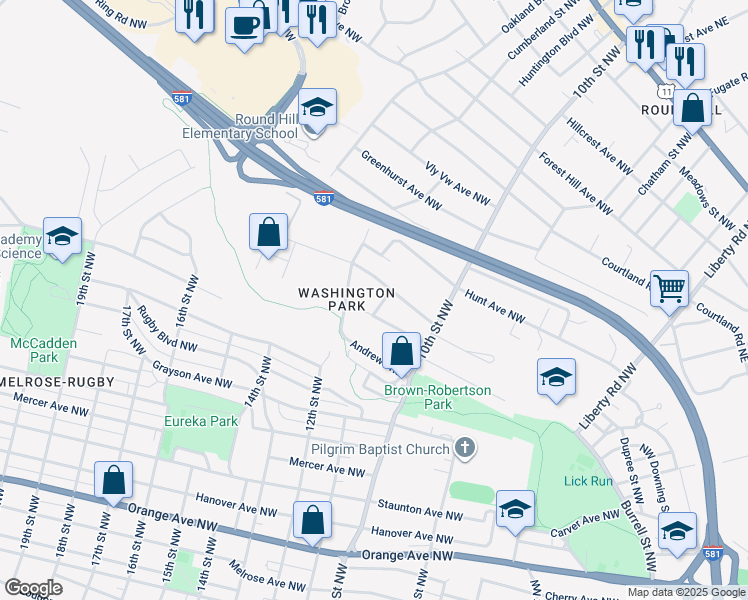 map of restaurants, bars, coffee shops, grocery stores, and more near 1712 11th Street Northwest in Roanoke