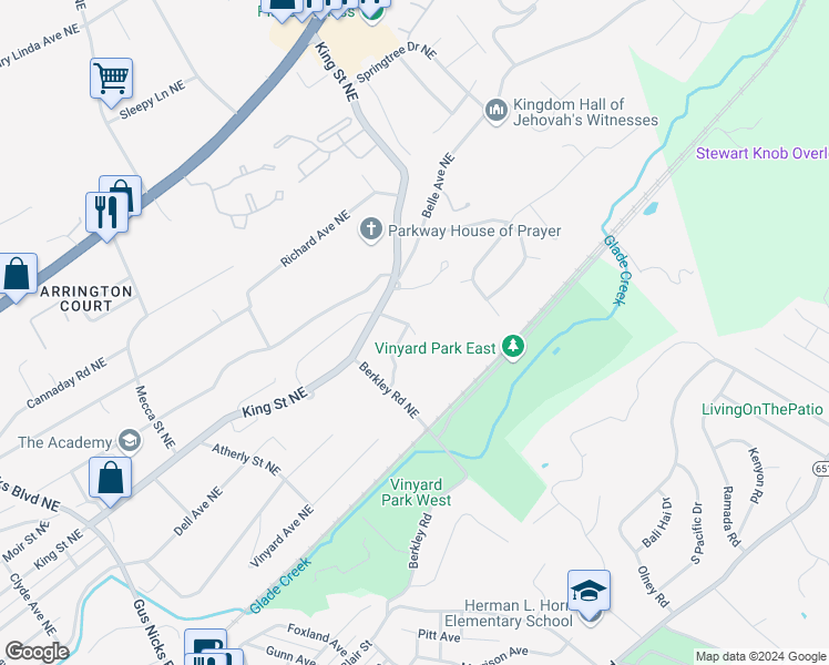 map of restaurants, bars, coffee shops, grocery stores, and more near 277 Glade View Drive Northeast in Roanoke