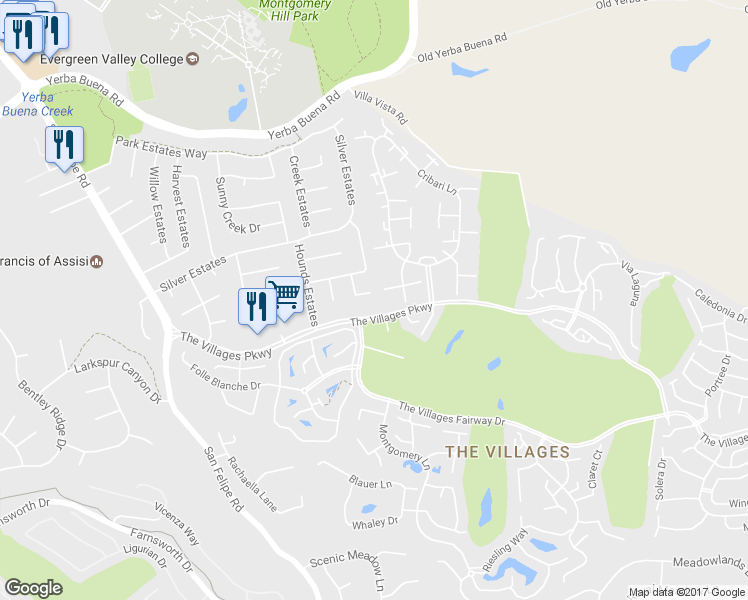 map of restaurants, bars, coffee shops, grocery stores, and more near 5383 King Estates Court in San Jose