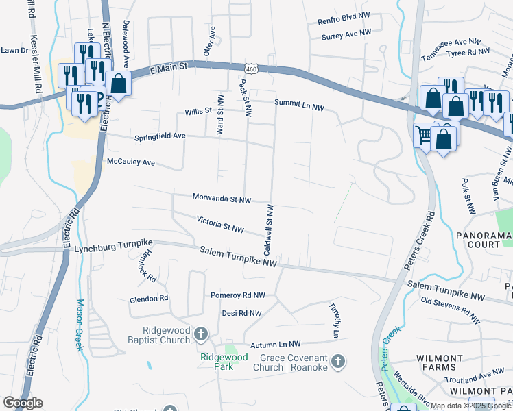 map of restaurants, bars, coffee shops, grocery stores, and more near 5018 Morwanda Street Northwest in Roanoke