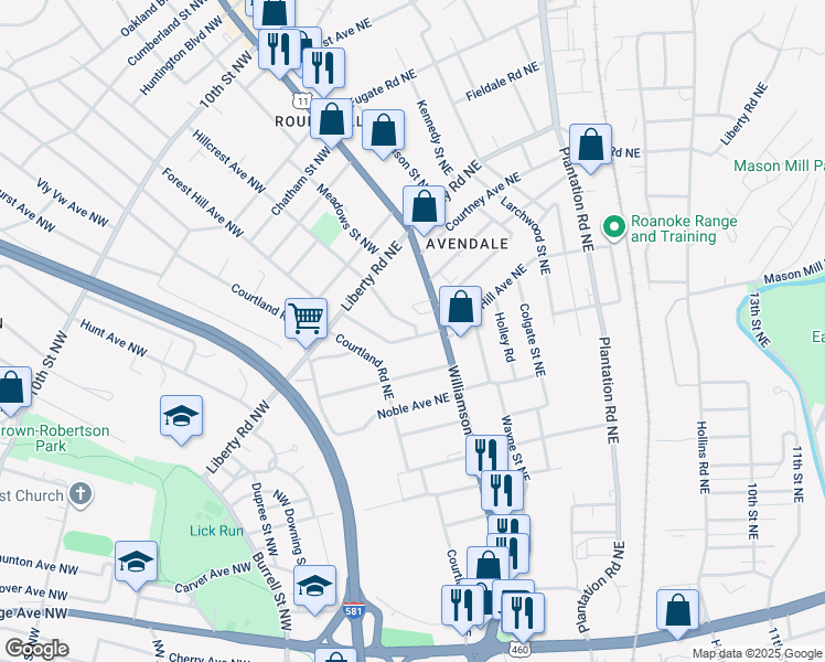 map of restaurants, bars, coffee shops, grocery stores, and more near 74 Forest Hill Avenue Northeast in Roanoke