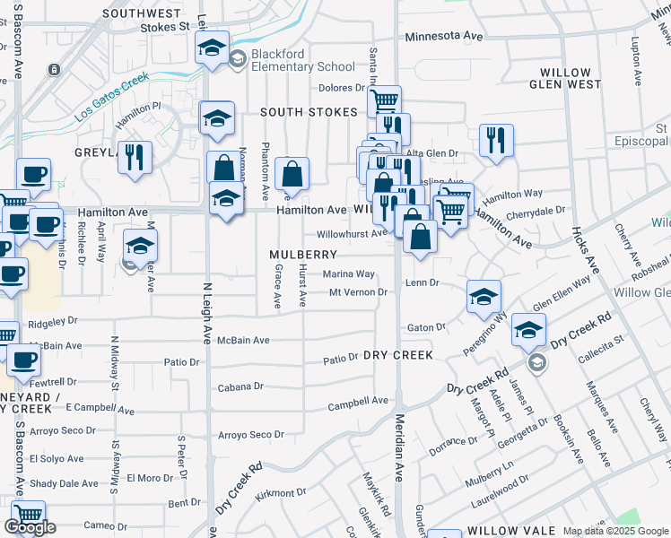 map of restaurants, bars, coffee shops, grocery stores, and more near 1731 Marina Way in San Jose