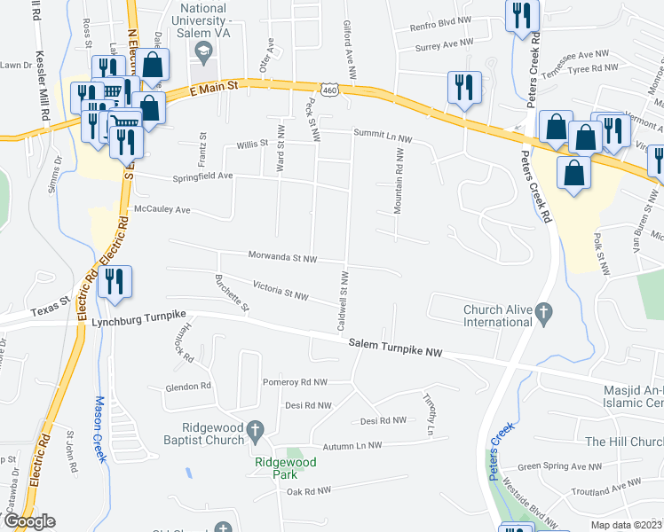 map of restaurants, bars, coffee shops, grocery stores, and more near 5014 Morwanda Street Northwest in Roanoke