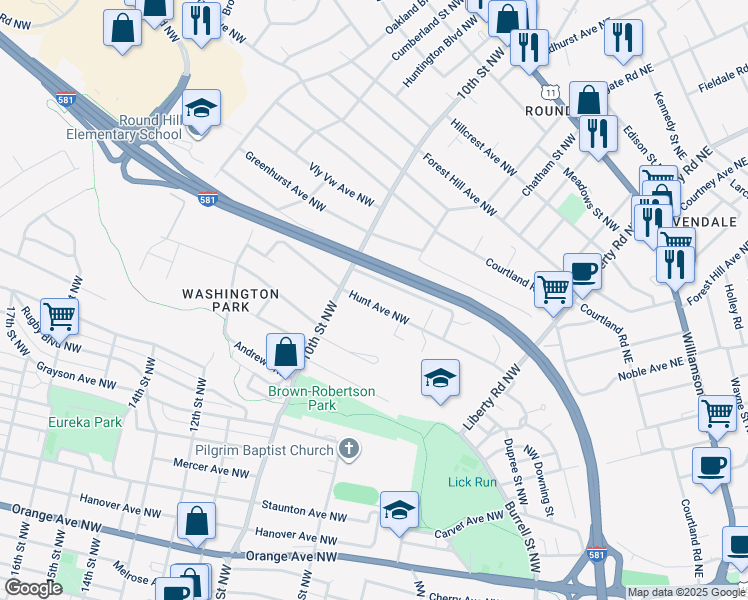 map of restaurants, bars, coffee shops, grocery stores, and more near 933 Hunt Avenue Northwest in Roanoke