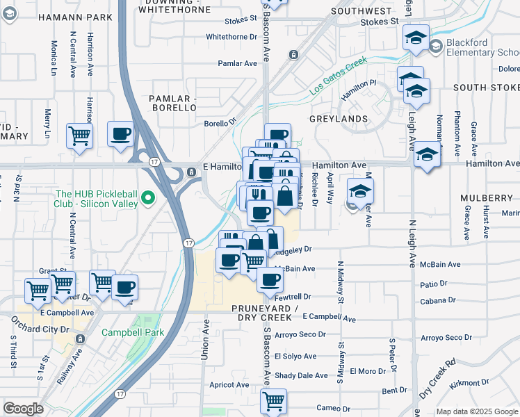 map of restaurants, bars, coffee shops, grocery stores, and more near 1725 South Bascom Avenue in Campbell