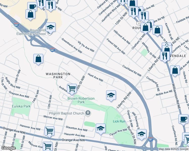 map of restaurants, bars, coffee shops, grocery stores, and more near 933 Hunt Avenue Northwest in Roanoke