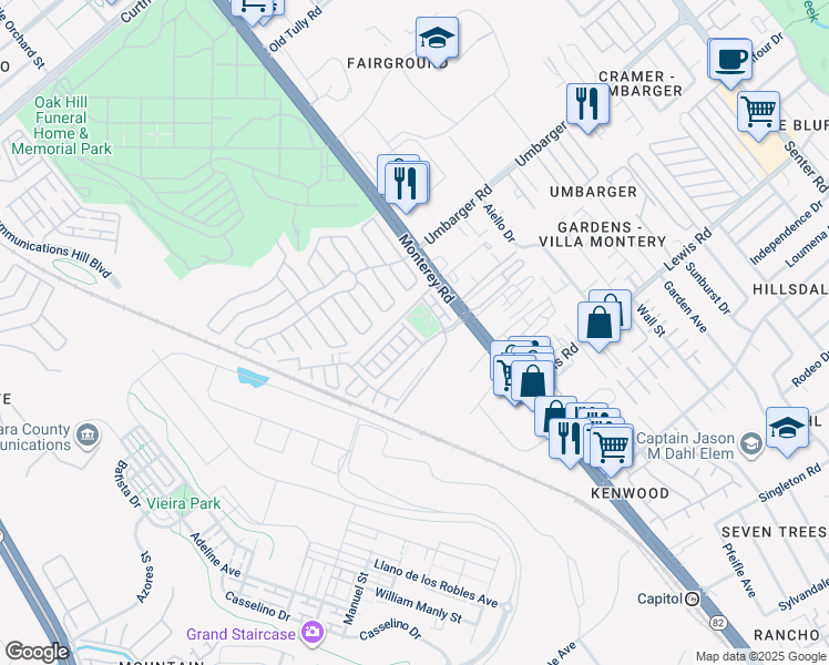 map of restaurants, bars, coffee shops, grocery stores, and more near 61 Montecito Vista Drive in San Jose