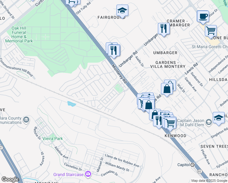 map of restaurants, bars, coffee shops, grocery stores, and more near 61 Montecito Vista Drive in San Jose