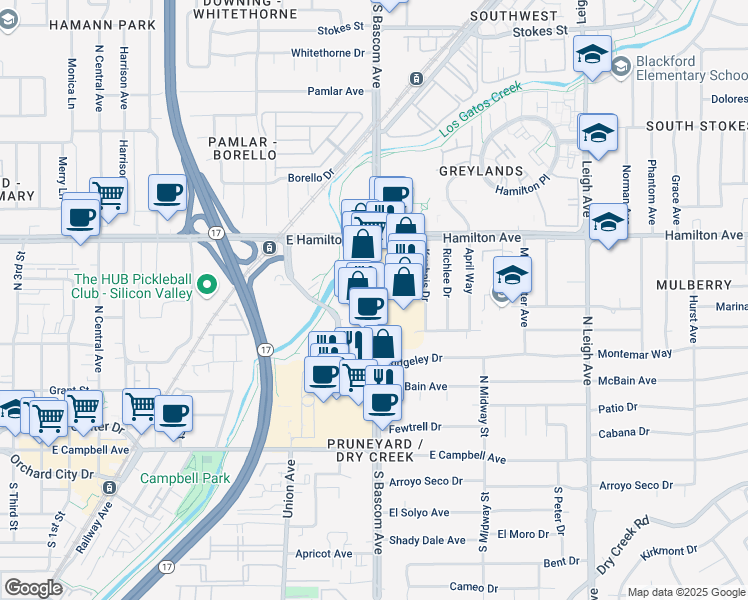 map of restaurants, bars, coffee shops, grocery stores, and more near 1777 South Bascom Avenue in Campbell