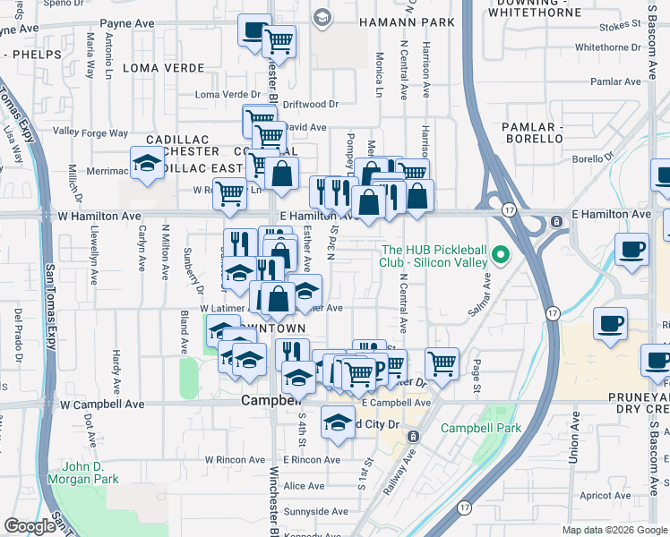 map of restaurants, bars, coffee shops, grocery stores, and more near 314 North 3rd Street in Campbell