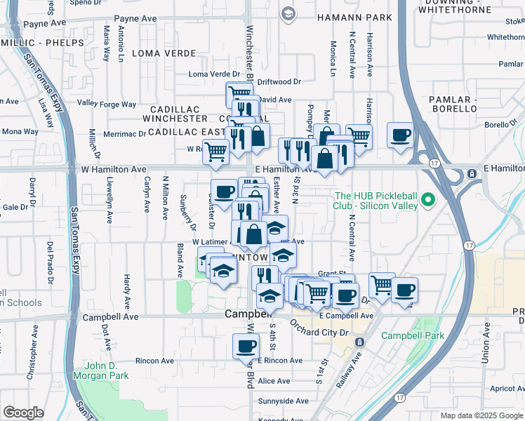 map of restaurants, bars, coffee shops, grocery stores, and more near 293 Esther Avenue in Campbell