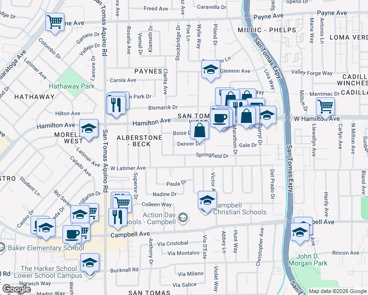 map of restaurants, bars, coffee shops, grocery stores, and more near 1120 Springfield Drive in Campbell