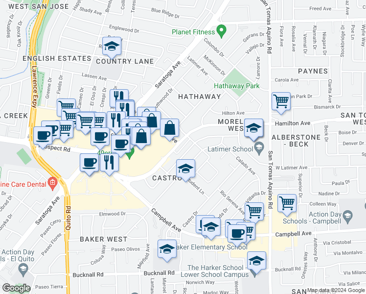 map of restaurants, bars, coffee shops, grocery stores, and more near 1697 Duvall Drive in San Jose
