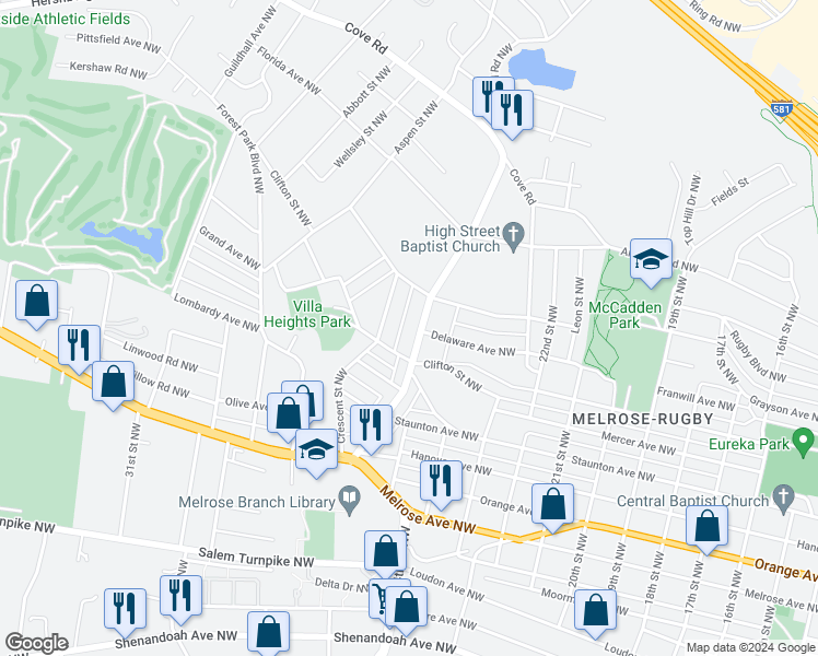 map of restaurants, bars, coffee shops, grocery stores, and more near 1211 Lafayette Boulevard Northwest in Roanoke