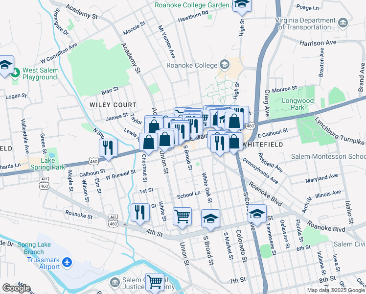 map of restaurants, bars, coffee shops, grocery stores, and more near 2-24 West Calhoun Street in Salem