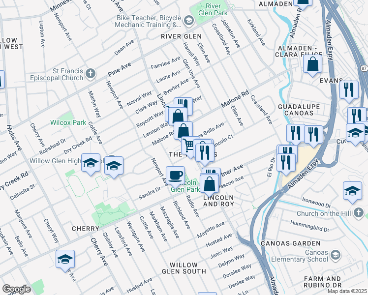 map of restaurants, bars, coffee shops, grocery stores, and more near in San Jose