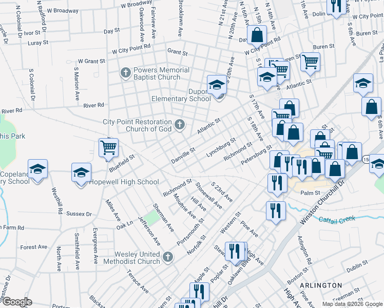 map of restaurants, bars, coffee shops, grocery stores, and more near 2304 Lynchburg Street in Hopewell