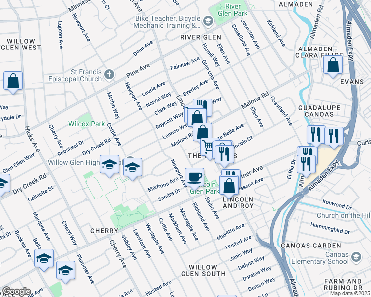 map of restaurants, bars, coffee shops, grocery stores, and more near 2076 Radio Avenue in San Jose