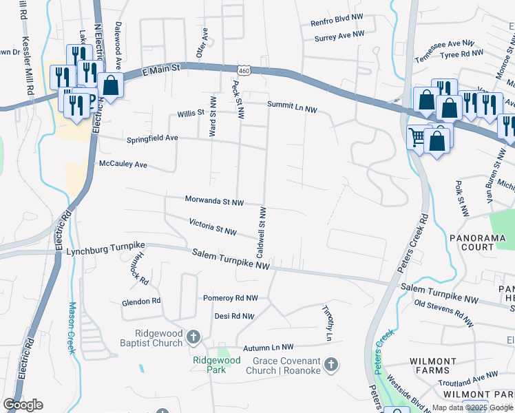 map of restaurants, bars, coffee shops, grocery stores, and more near 5018 Morwanda Street Northwest in Roanoke