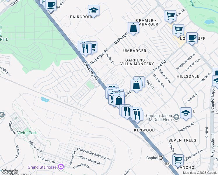map of restaurants, bars, coffee shops, grocery stores, and more near 2828 Monterey Road in San Jose